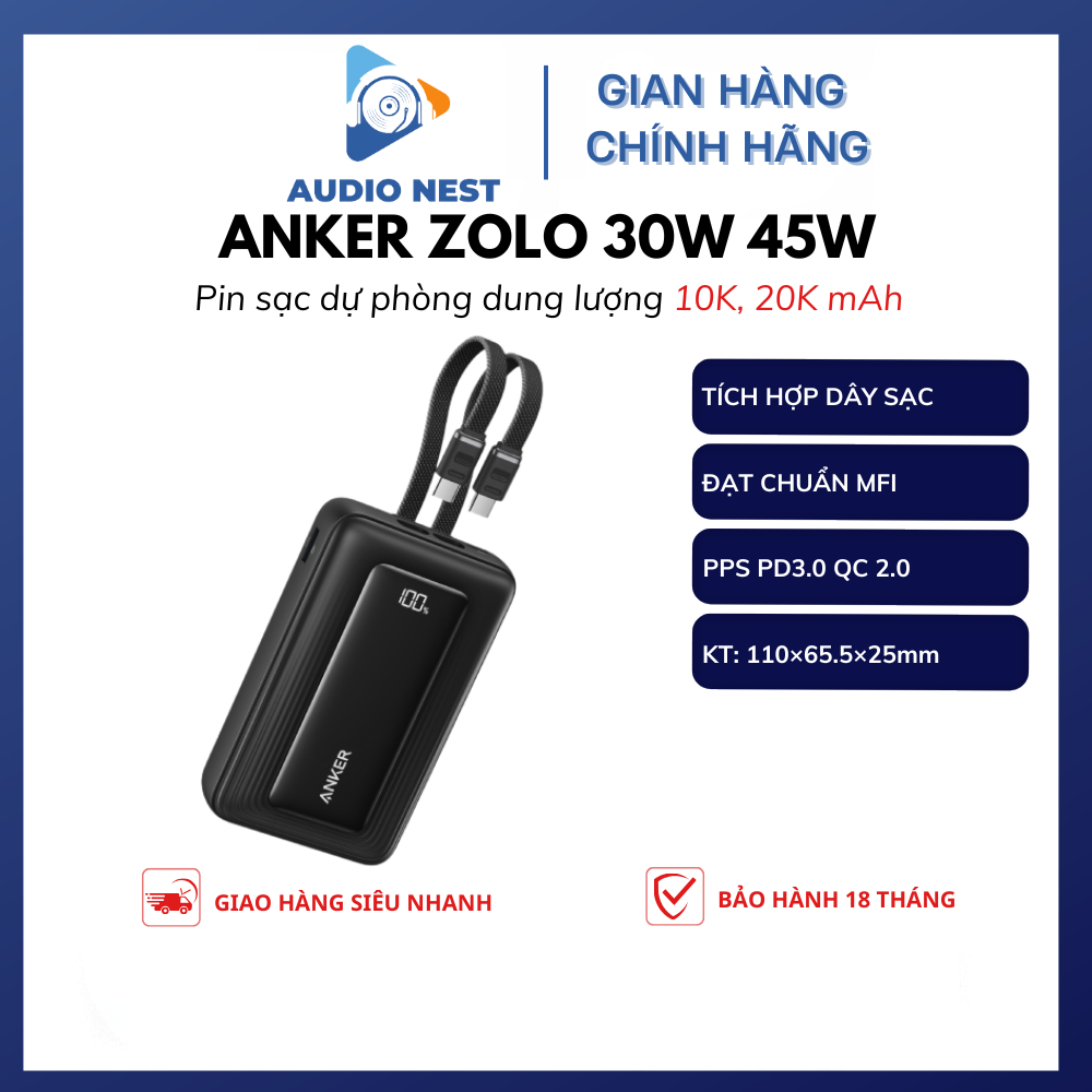 Sạc Anker Zolo 10.000 / 20.000mAh Tích Hợp 2 Dây Type - C / C to L 30W 45W A110M A110L  A1681 - Bảo 