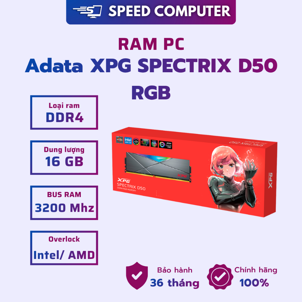 RAM PC Adata XPG SPECTRIX D50 RGB, DDR4, 3200MHz, 16GB Mới, Chính Hãng 100% . Bảo hành 36 tháng