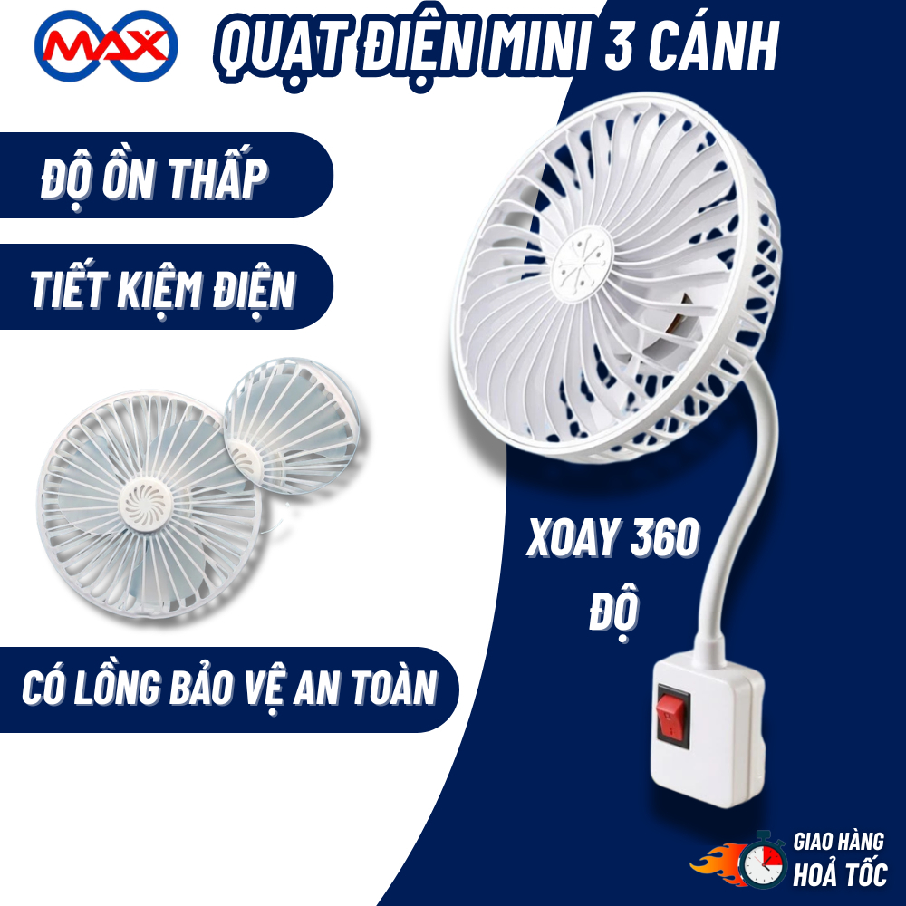 Quạt Điện Mini 3 Cánh Xoay 360 Độ Có Lồng Bảo Vệ An Toàn Không Gây Tiếng Ồn Kèm Công Tắc Quạt Cắm Đi