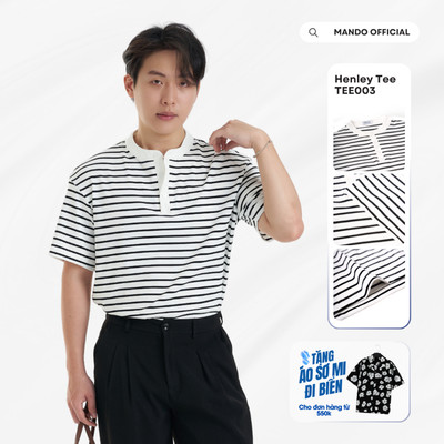Áo thun kẻ Cổ Tàu Henley-Tee chất liệu Cotton basic phong cách Hàn Quốc MANDO KOREA Menswear - TEE003