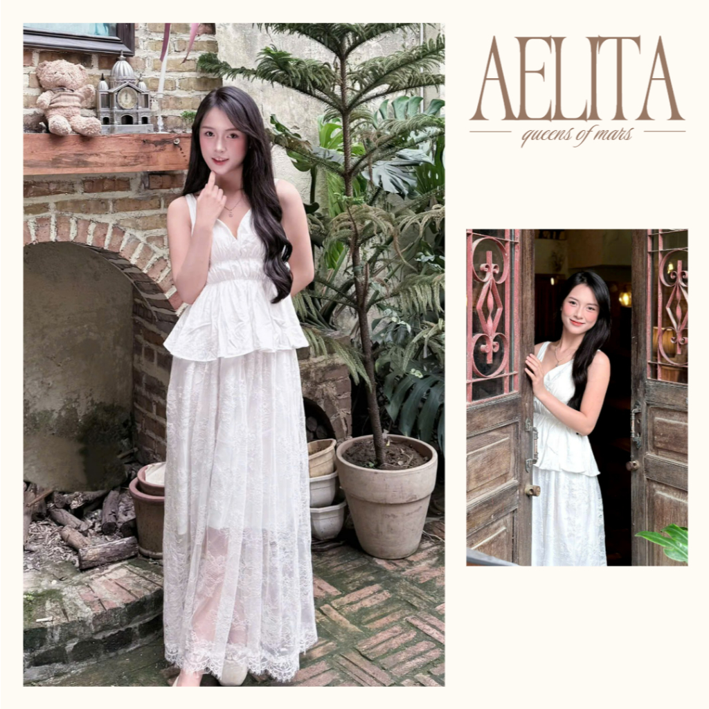 Váy liền maxi dài ren hoa chi tiết nàng thơ, nữ tính form xòe che khuyết điểm AELITA - TR21
