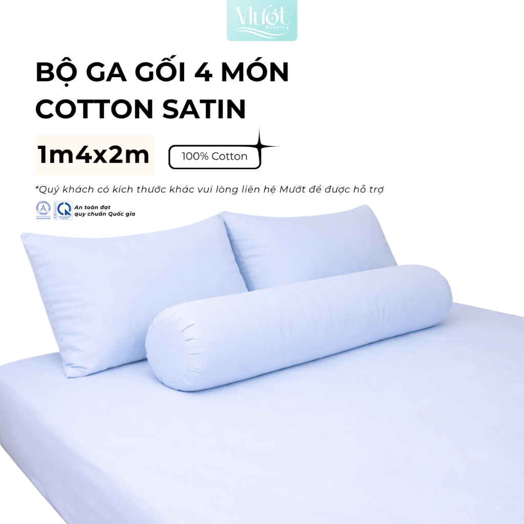 Bộ ga gối 4 món nệm kích thước 1m4x2m Cotton Satin Mướt Bedding cao cấp trơn màu