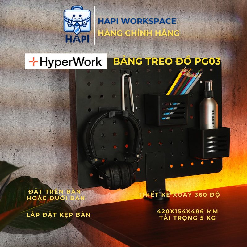 Bảng treo đồ Kẹp bàn OMNI Pegboard Hyperwork PG03 Xoay 360 độ, 6 tính năng, tải trọng 5kg