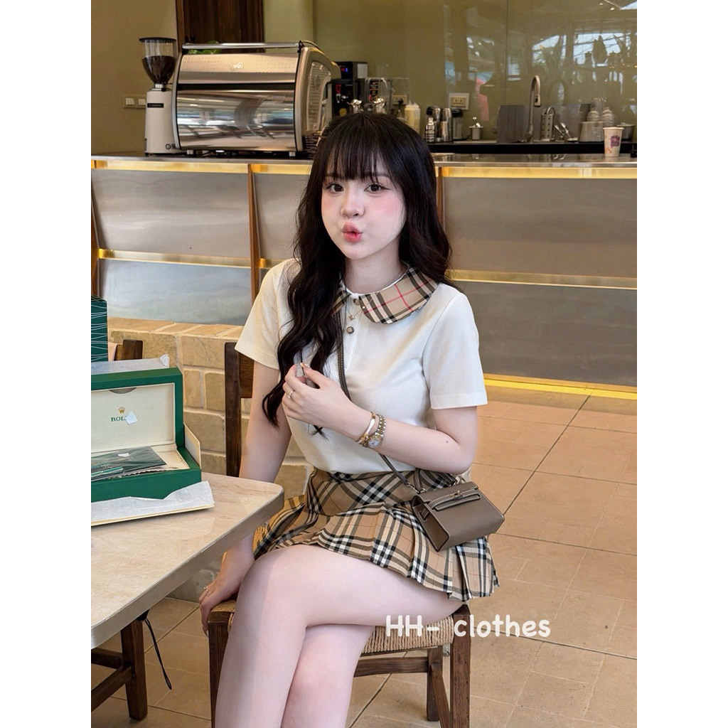 Set áo cổ kẻ mix cv kẻ