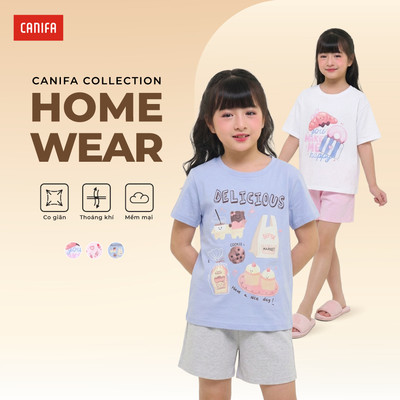 Bộ quần áo bé gái CANIFA áo thun cộc tay in họa tiết quần short chất cotton pha 1LS26S005