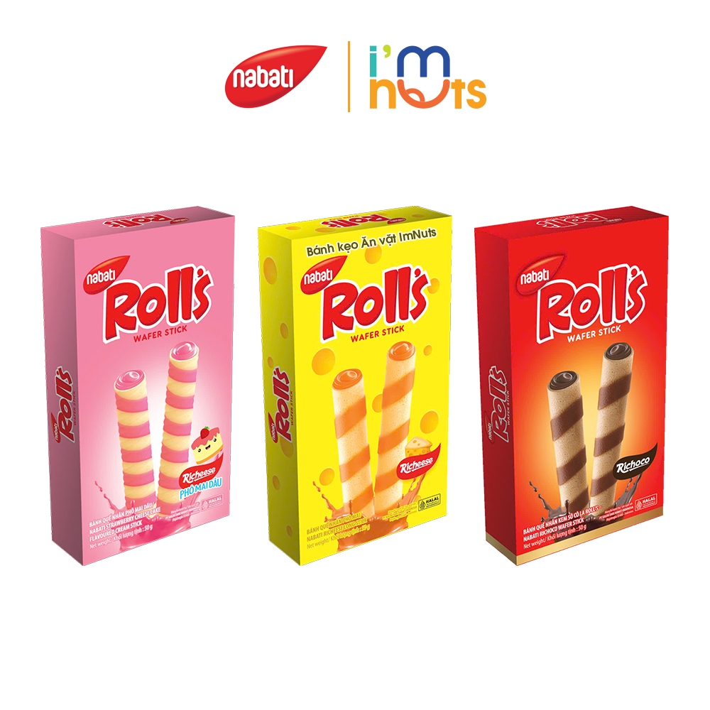 Combo 3 Hộp Bánh Quế Nhân Kem Nabati Rolls Wafer Stick Đủ Vị Hộp 50g Tiện Lợi