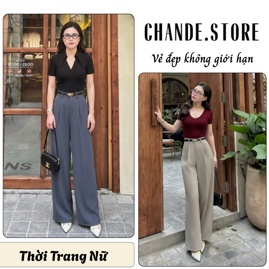 Quần suông nữ ống rộng lưng cao phối khuy cài kiểu dáng basic chất vải Gold Nhật QX10 CHANDE STORE