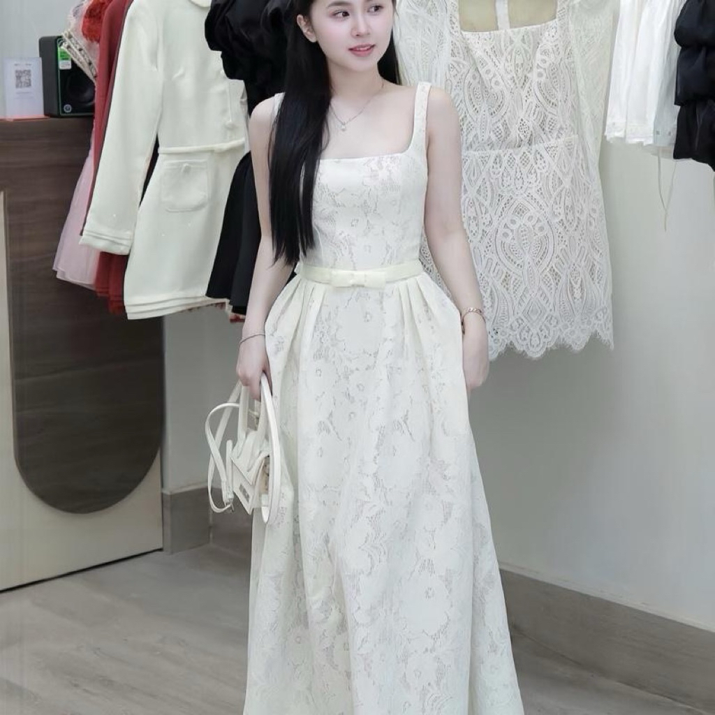 Váy ren thiết kế hai dây dáng dài xoè đính nơ eo tiểu thư 6a179 (hàng sẵn)