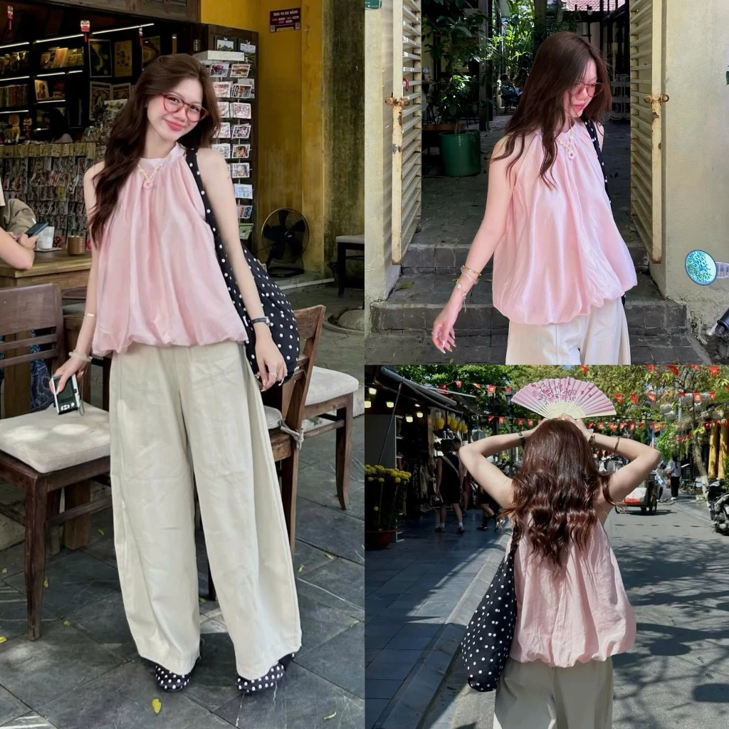 (Hàng L1, Sẵn) Áo yếm dáng bí phồng, tơ gió nhăn mỏng mùa hè Suzy Top. | BigBuy360 - bigbuy360.vn