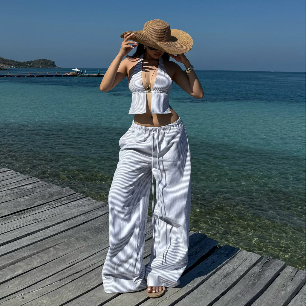 ( SET LINEN ) Set quần linen + áo sọc XÁM XANH form rộng đơn giản | BAHYCHIC