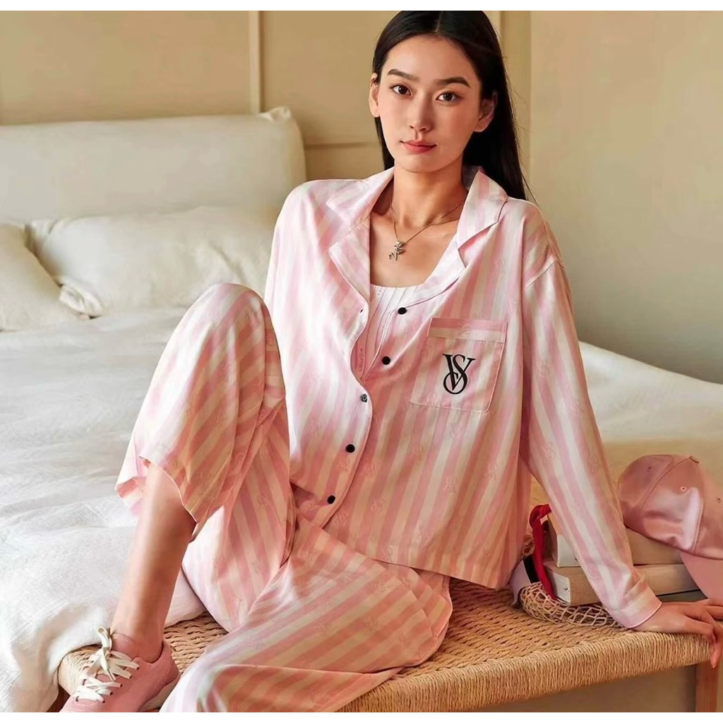 Bộ đồ ngủ dài tay cổ đứng bằng vải Tencel cotton hiệu Victoria's Secret Angel