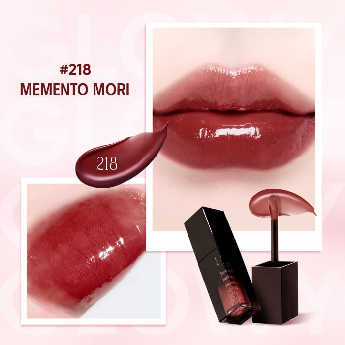 Son tint bóng Dinto Blur Glowy Lip Tint 3.5g 218 Memento Mori Đỏ đất nhẹ, tôn da, bóng nhẹ tự nhiên