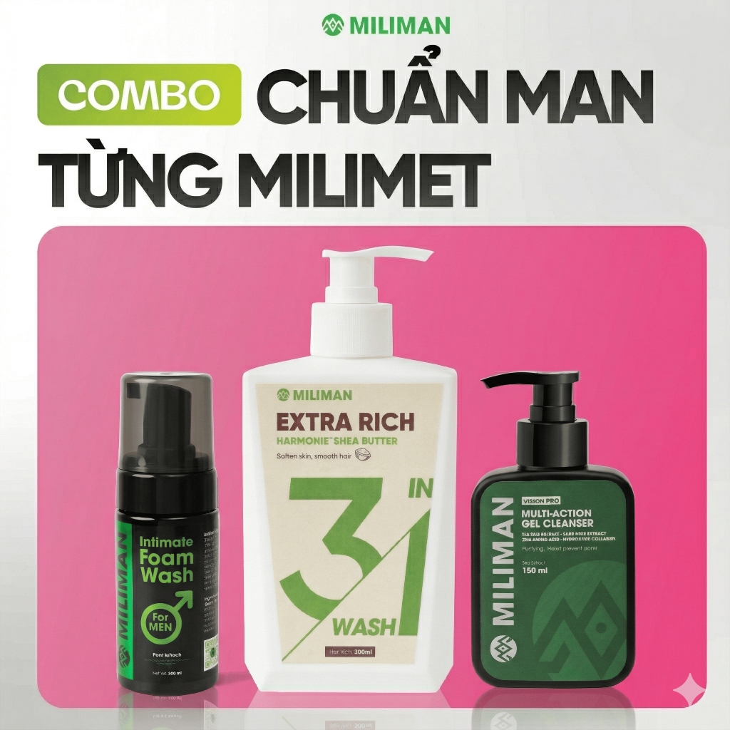 Quà Tặng Nam Box Chuẩn Man MILIMAN Gồm Sữa Tắm Gội Extra Rich, Sữa Rửa Mặt, Bọt Vệ Sinh Nam