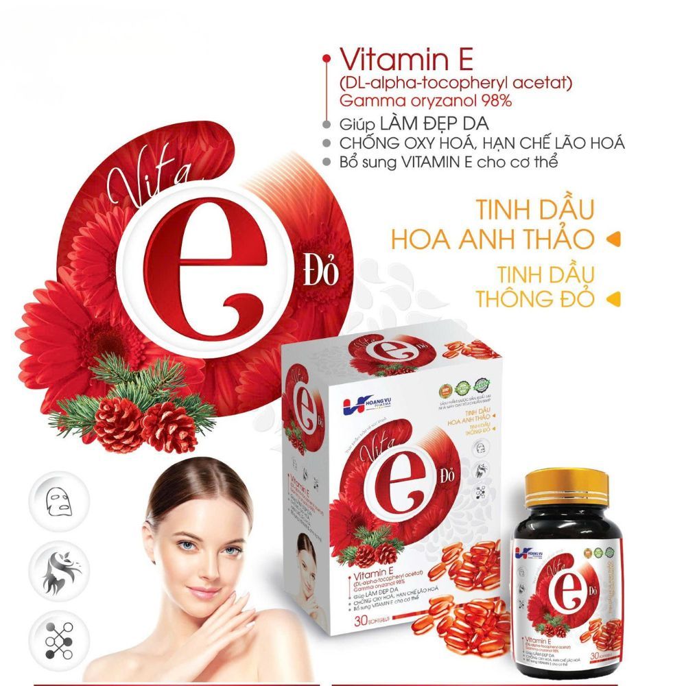 Vitamin E Đỏ 400IU - Kết Hợp Tinh Dầu Hoa Anh Thảo & Thông Đỏ, Hỗ Trợ Cấp ẩm Đẹp Da (Lọ 30 Viên)