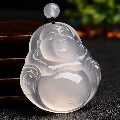 Mặt Dây Chuyền Mã Não Bạch Nguyệt Quang 5A Hình Phật Di Lặc 38mm Kèm Dây Đen - Ngọc Trai Trường Thịnh