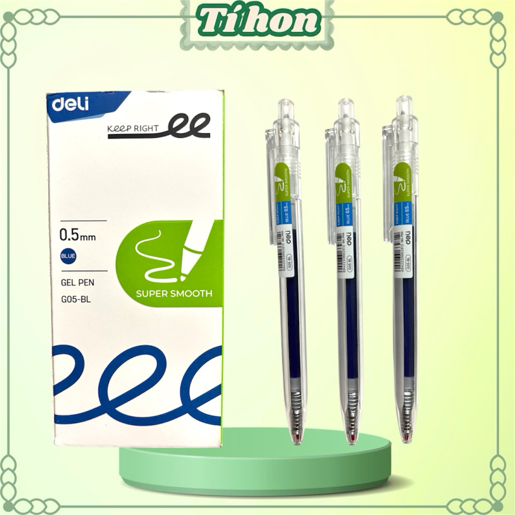 Bút gel bấm Deli G05 mực xanh ngòi 0.5mm, Bút bi bấm mực gel trơn tru