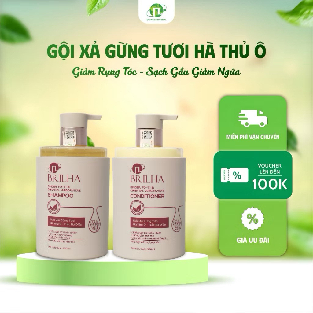 Combo Dâu Gội - Xả Gừng Tươi, Hà Thủ, Trắc Bá Diệp Ô BRILHA Kích Mọc Tóc, Giảm Gàu Ngứa 500ml
