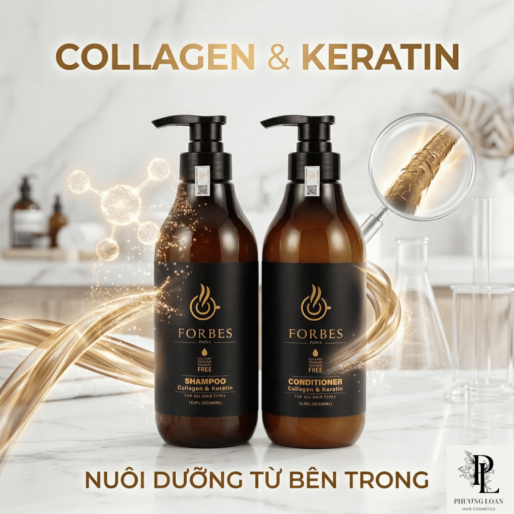 Combo Gội Xả Forbes Paris – Collagen Keratin, Sulfate Free, Phục Hồi Tóc Hư Tổn, Mềm Mượt Tự Nhiên