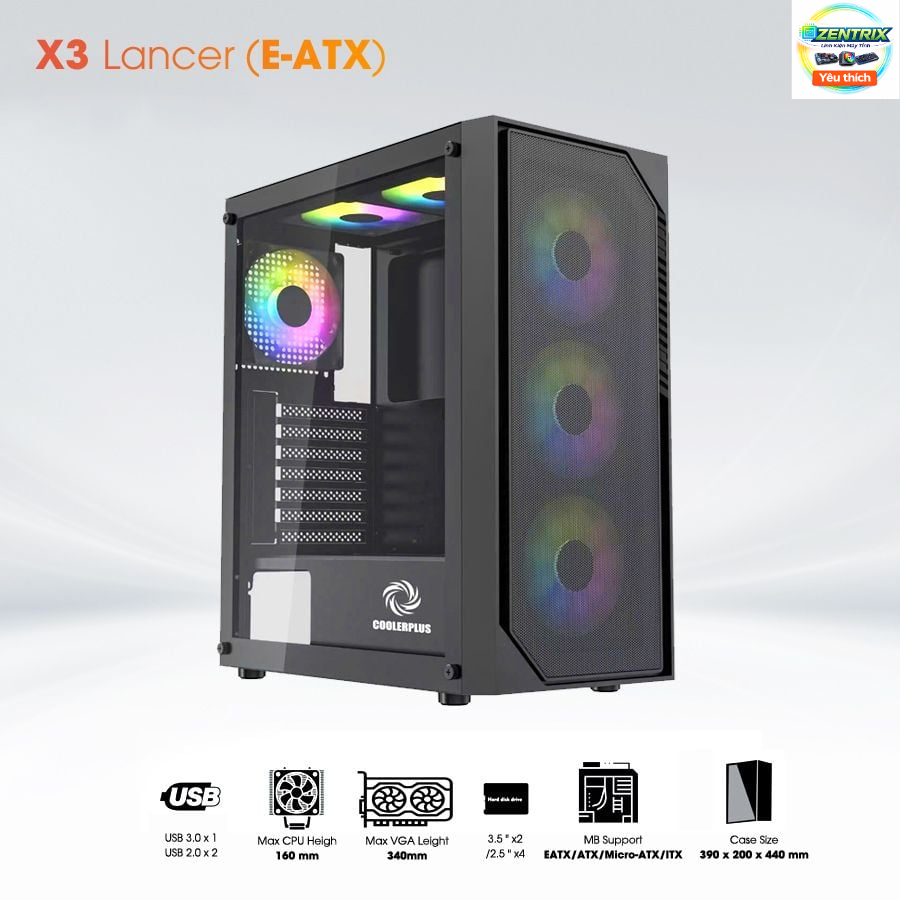 Vỏ Case Máy Tính COOLERPLUS X3 Lancer EATX - Kính Cường Lực, Hỗ Trợ VGA 340mm, Tản Nhiệt 160mm, USB 
