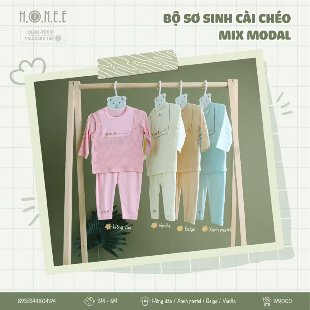 HRNEE Bộ sơ sinh cài chéo mix Modal thương hiệu Hrnee / Honee cho bé