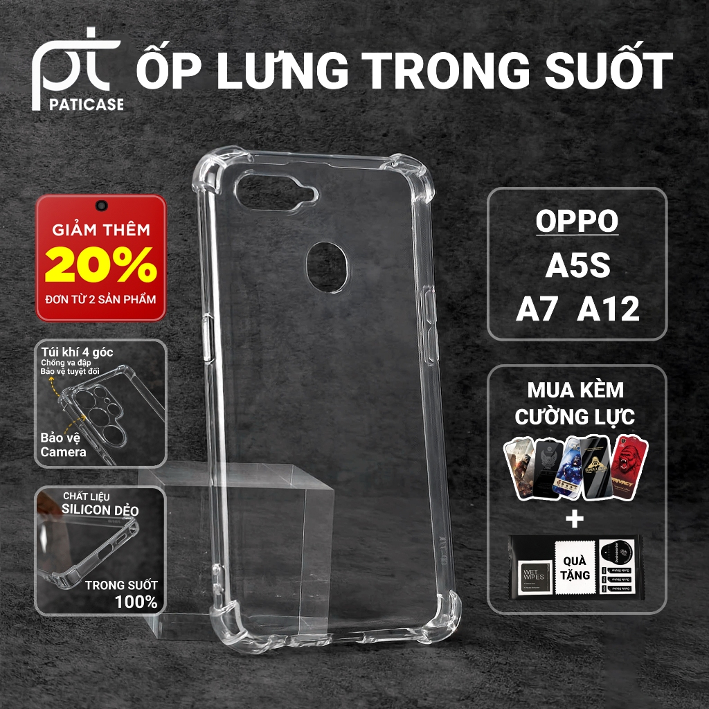 Ốp lưng Oppo A5S, A12, A7 Paticase trơn trong suốt | Ốp điện thoại Oppo dẻo bảo vệ camera đt toàn di