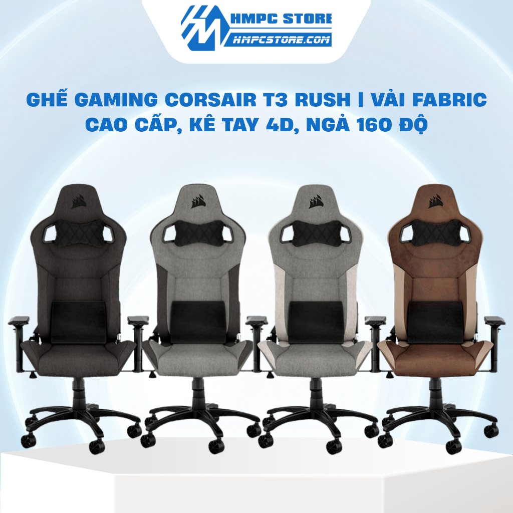 Ghế Gaming Corsair T3 RUSH | Vải Fabric Cao Cấp, Kê Tay 4D, Ngả 160 Độ, bảo hành 24 tháng