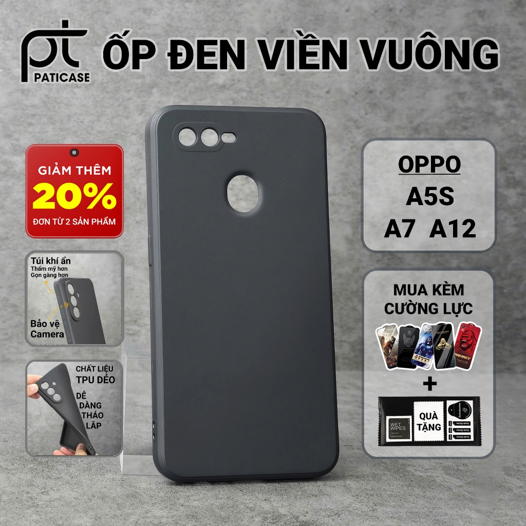 Ốp lưng Oppo A5S, A12, A7 Paticase trơn màu đen | Ốp điện thoại Oppo dẻo bảo vệ camera đt toàn diện