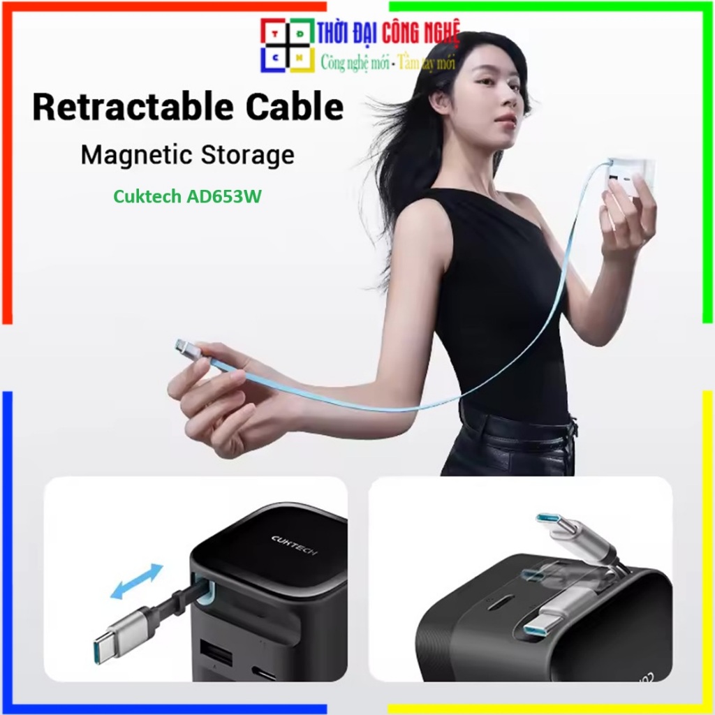 Sạc Nhanh Cuktech AD653W 67W GaN Charger - Kèm Cáp USB-C Liền Thân - 3 Cổng (2C1A) - Bảo Hành 18 Thá