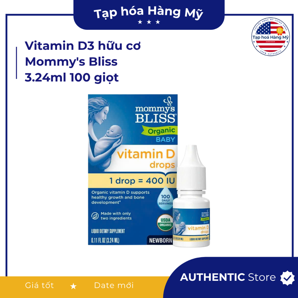 [Hàng Mỹ] Vitamin D3 hữu cơ Mommy's Bliss 3.24ml 100 giọt