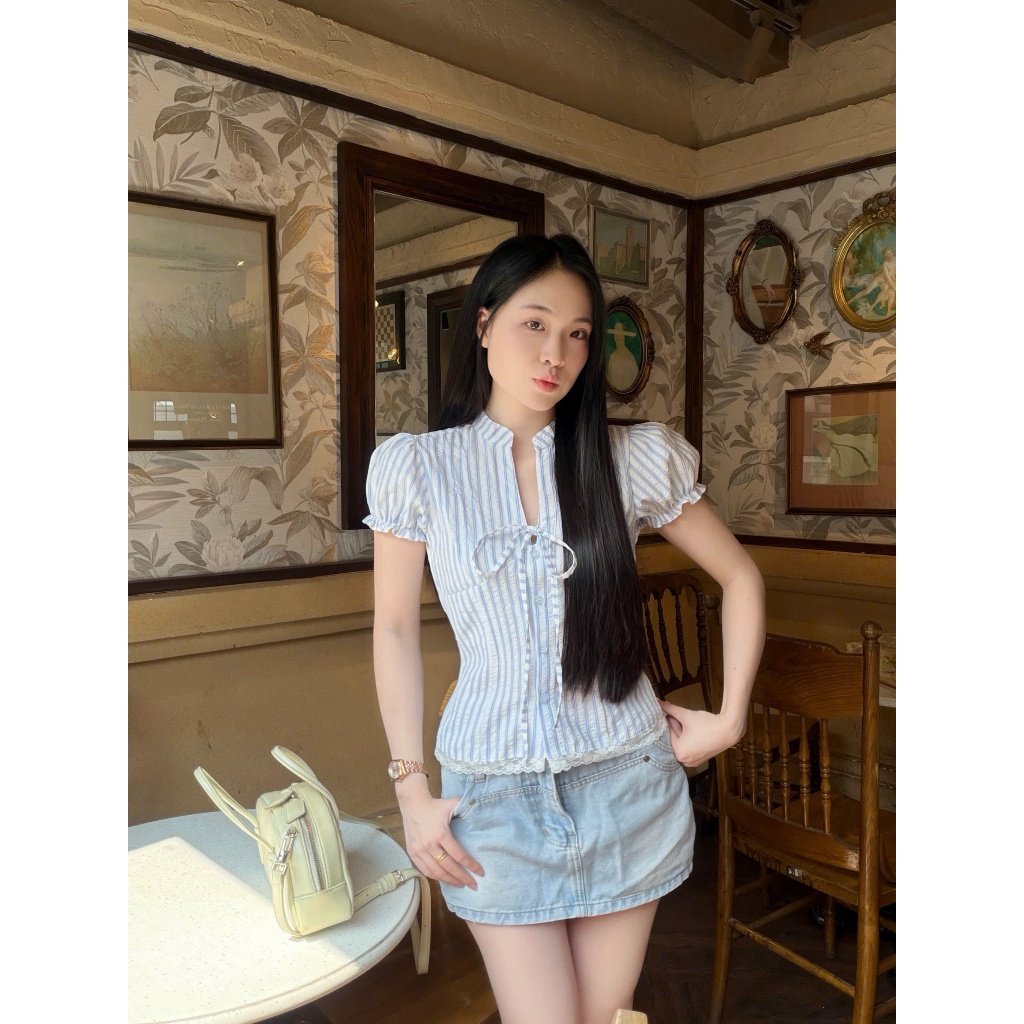 (5size) Áo kiểu nữ cổ tàu trẻ trung chít eo tôn dáng LAMO - B1550 | BigBuy360 - bigbuy360.vn