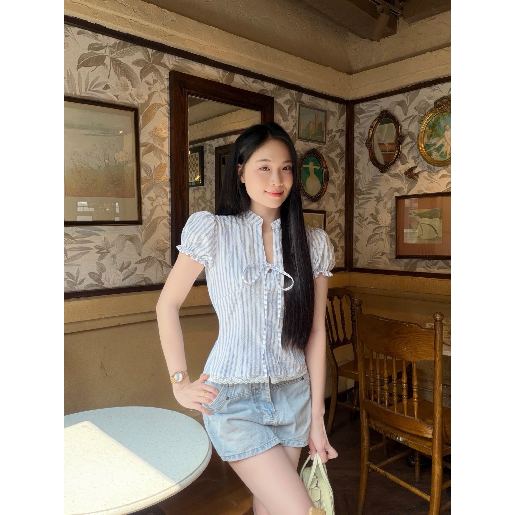 (5size) Áo kiểu nữ cổ tàu trẻ trung chít eo tôn dáng LAMO - B1550 | BigBuy360 - bigbuy360.vn