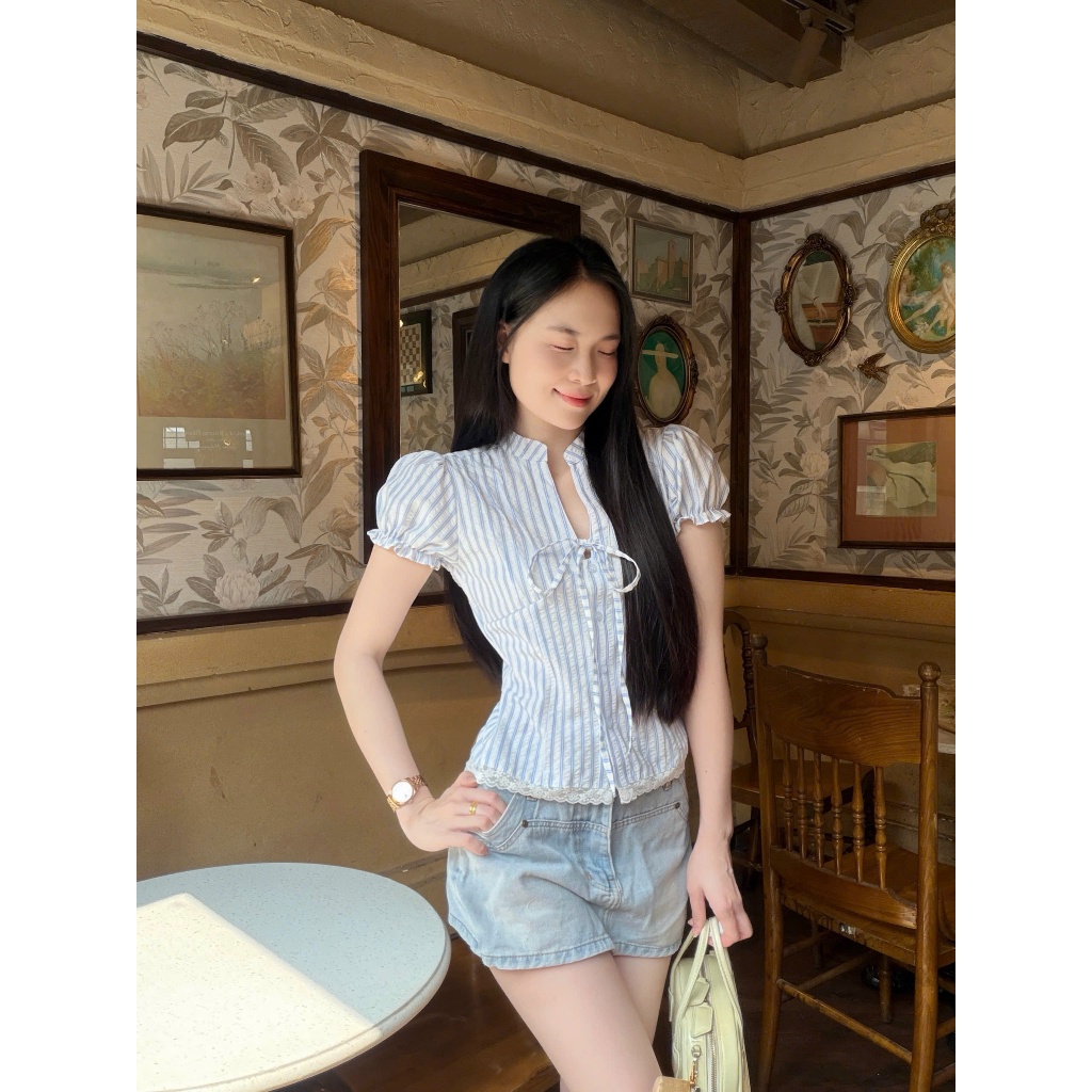 (5size) Áo kiểu nữ cổ tàu trẻ trung chít eo tôn dáng LAMO - B1550 | BigBuy360 - bigbuy360.vn