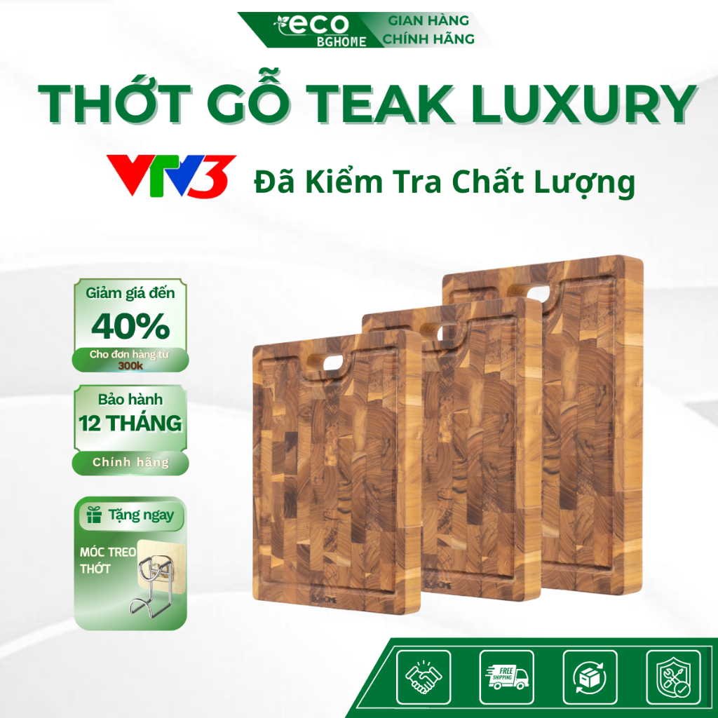 Thớt gỗ TEAK LUXURY - Thiết Kế Móc Treo Đa Năng, Dễ Dàng Sử Dụng , Hạn Chế Dăm Mùn BGHOME Eco