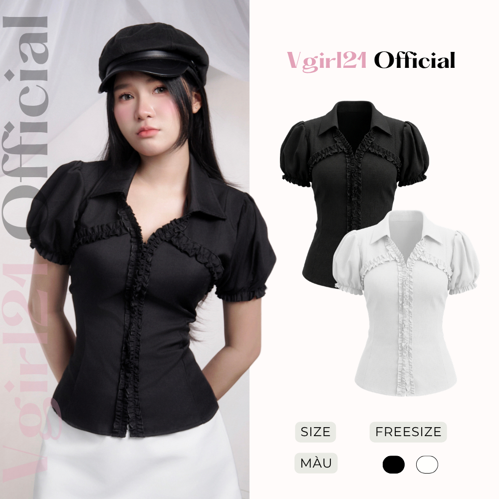 [DEAL MỞ BÁN] REMUS TOP - Áo kiểu nữ VGIRL21 tay phồng phối cổ sơ mi viền bèo nhún siêu đáng yêu - Áo sơ mi dây kéo | BigBuy360 - bigbuy360.vn