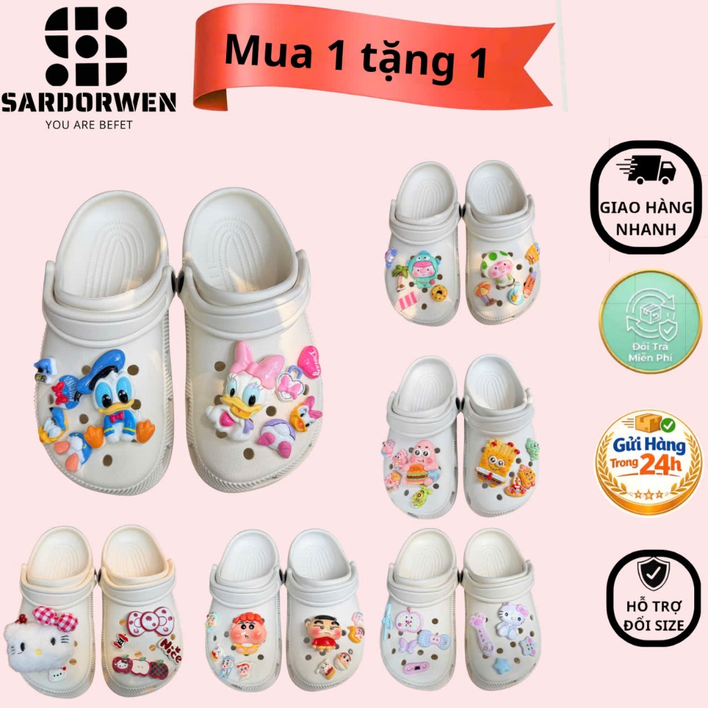 Dép quai hậu nữ kèm charm kitty đỏ - Dép đế cao 3cm nam nữ classic