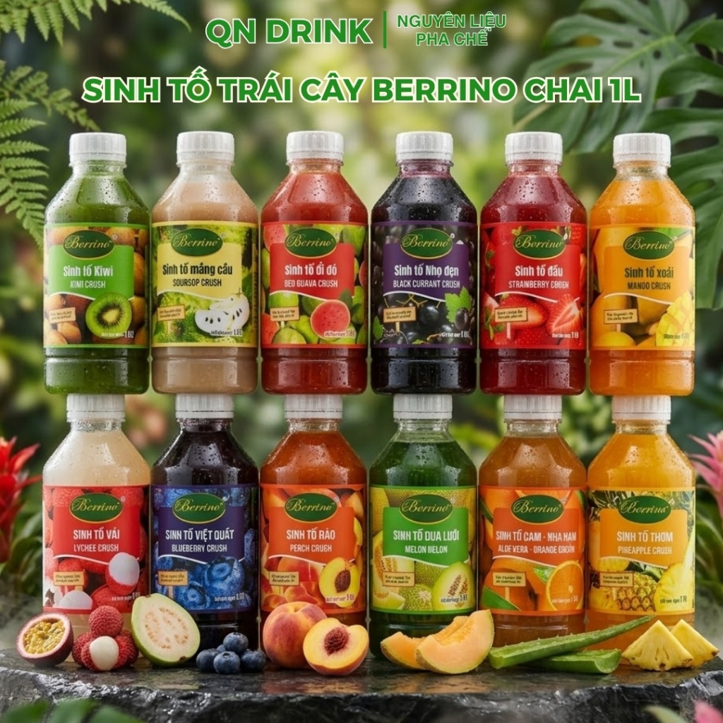 Sinh tố berino đủ vị chai 1 lít, siro trái cây mứt berrino việt quất, đào, dâu, dưa lưới QN DRINK