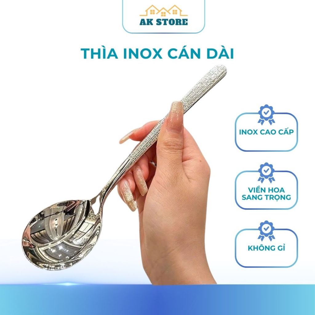 AK_STORE Thìa Inox Cán Dài Chống Gỉ Sáng Bóng, Đầu Tròn Sang Trọng Hiện Đại