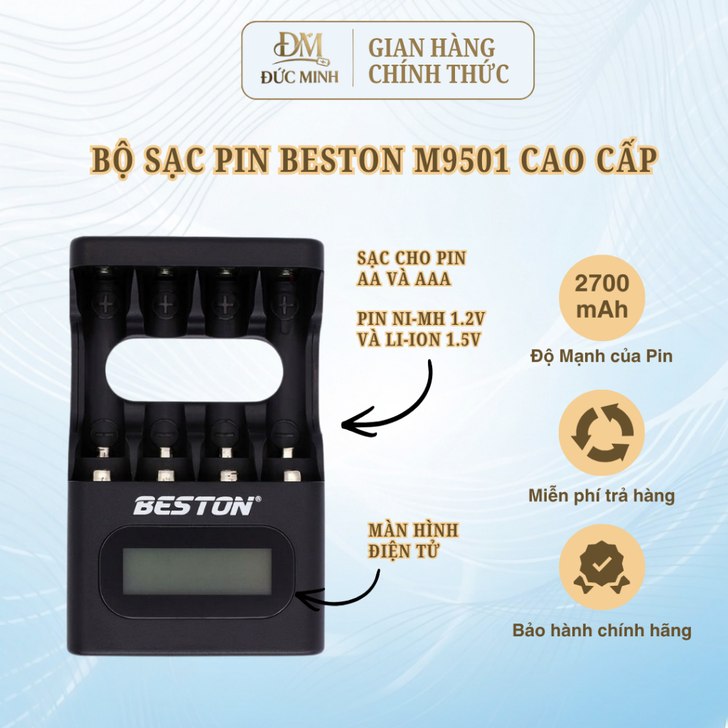 Bộ sạc pin Beston M9501 sạc cho cả pin AA và AAA pin Ni-MH 1.2V và Li-ion 1.5V