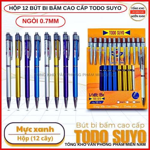 Hộp 12 Cây Bút Bi Bấm Todo Suyo Ngòi Bi 0.7mm Thụy Sĩ - Mực Xanh Của Đức - Viết Êm Cho Học Sinh Văn 