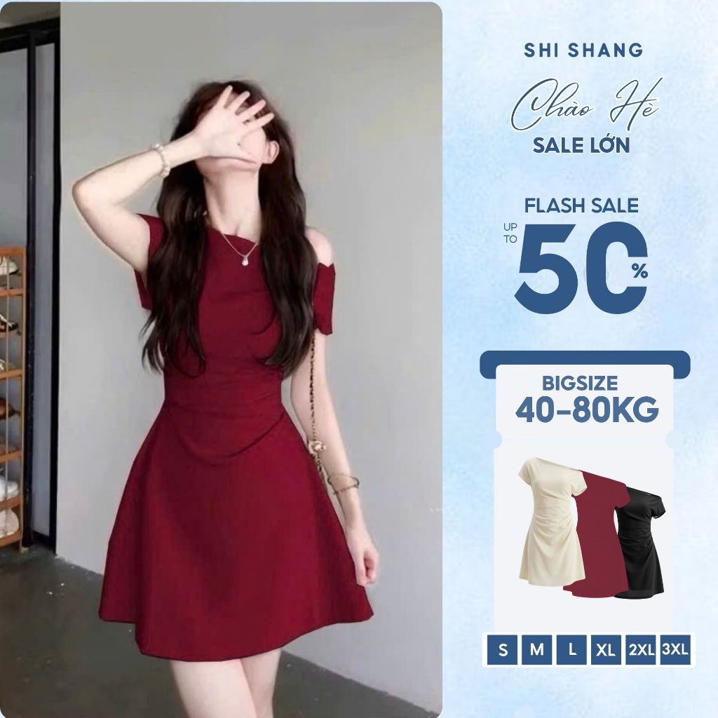 Đầm Lệch Vai Dáng Ngắn Li Eo Có Bigsize, Đầm Dáng A Che Bụng Tôn Dáng by Shi Shang