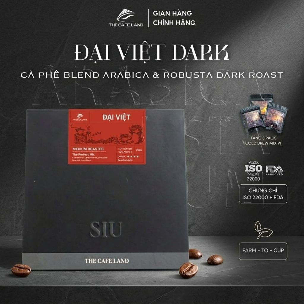 Đại Việt Dark - Cà Phê Blend Arabica & Robusta Dark Roast Nguyên Chất 200g Body Dày, Hương Hoa, Sâm 