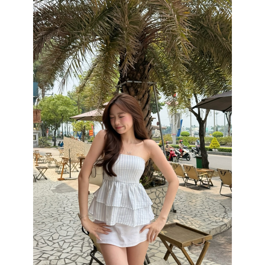 RENIER Áo babydoll tube cúp ngực xoè 2 tầng sọc xanh FREESHIP mùa hè, đi biển, năng động