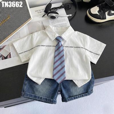 Set Áo Sơ Mi Tay Ngắn Chữ Cà Vạt Quần Đùi Jean Cho Bé Trai 1-5 Tuổi MINTSCLOSET Quảng Châu - TN3662