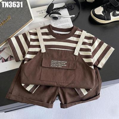 Set Đồ Bộ Áo Thun Tay Ngắn Sọc Giả Yếm Quần Đùi Kaki Bé Trai 1-5 Tuổi MINTSCLOSET Quảng Châu TN3631