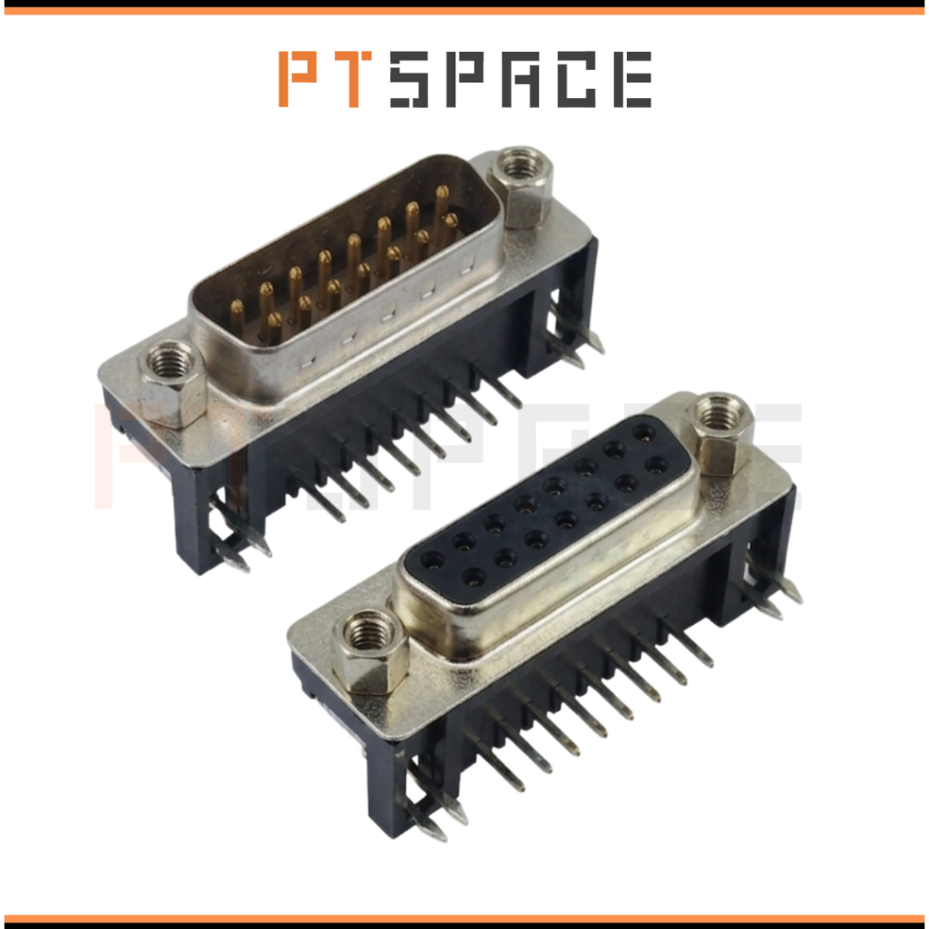 Cổng DB15 Đực Cái 15 Chân Cong 90 Độ 2 Hàng Hàn PCB
