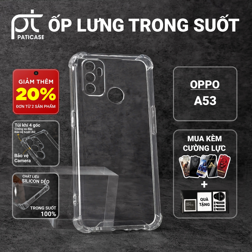 Ốp lưng Oppo A53 Paticase trơn trong suốt | Ốp điện thoại Oppo dẻo bảo vệ camera đt toàn diện