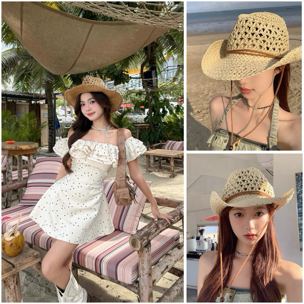[ ❤️‍🔥 Hàng Sẵn ] Mũ cói cao bồi phong cách cá tính đi biển đi chơi slay cho nữ 2025 accessories
