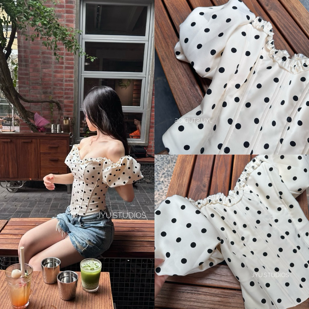 JYU STUDIO / Áo croset tay bồng chấm bi có khoá sau #AZ06 (hoả tốc nhắn shop)