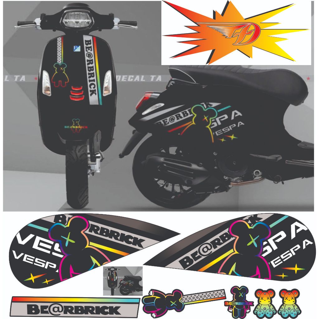 Tem Dán Xe Vespa Sprint -  Primavera  - xe điện osaka nispa  , Mẫu gấu Bearbrick ,Tem 3 lớp cao cấp 