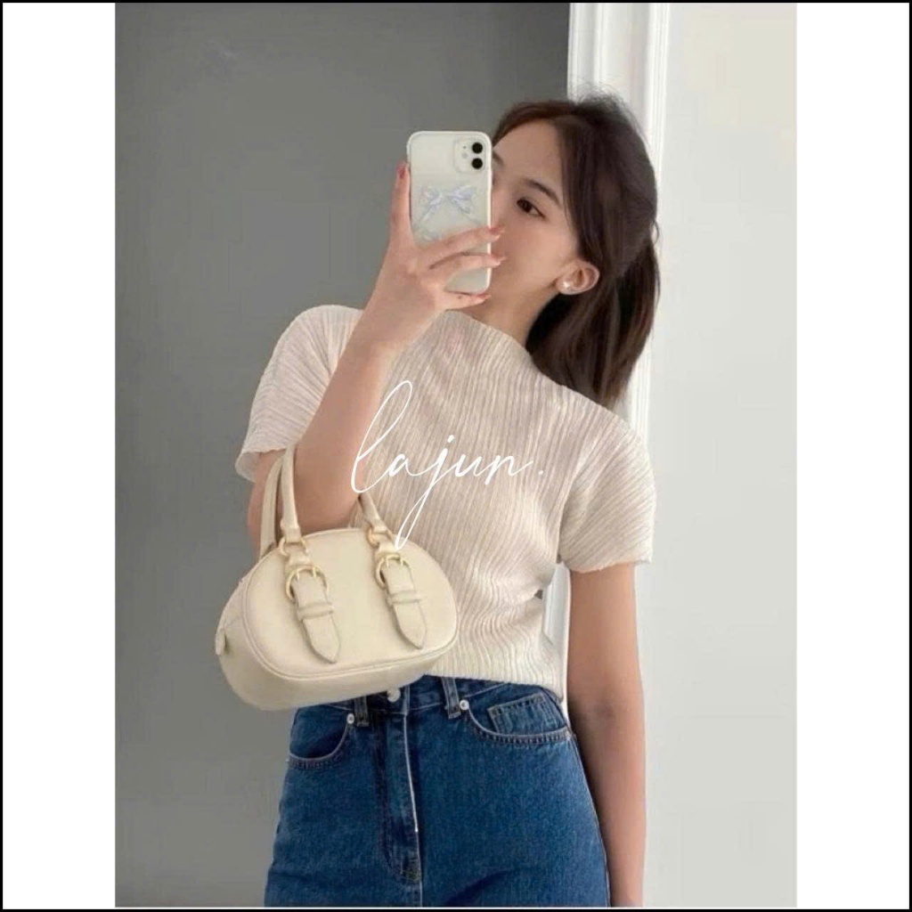 [LAJUN KOREA] Áo Dập Ly Dệt Hè Mỏng Pleated Tee Aube Cổ Lửng Cao Cấp Hàn Quốc